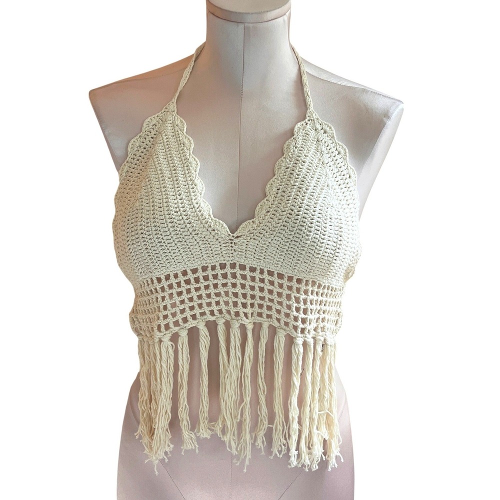 Beach by Exist Womens Crochet Halter Top Cream Fringe Boho Festival S/M Western